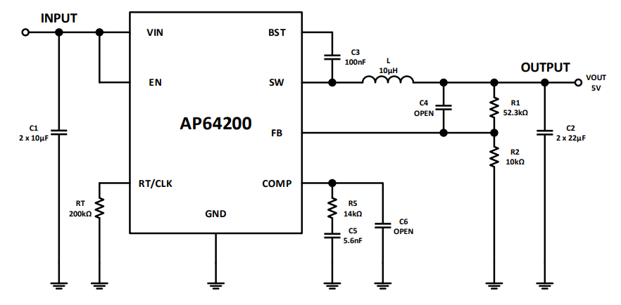 Schéma du circuit d'application - Diodes Incorporated Convertisseur Buck AP64200